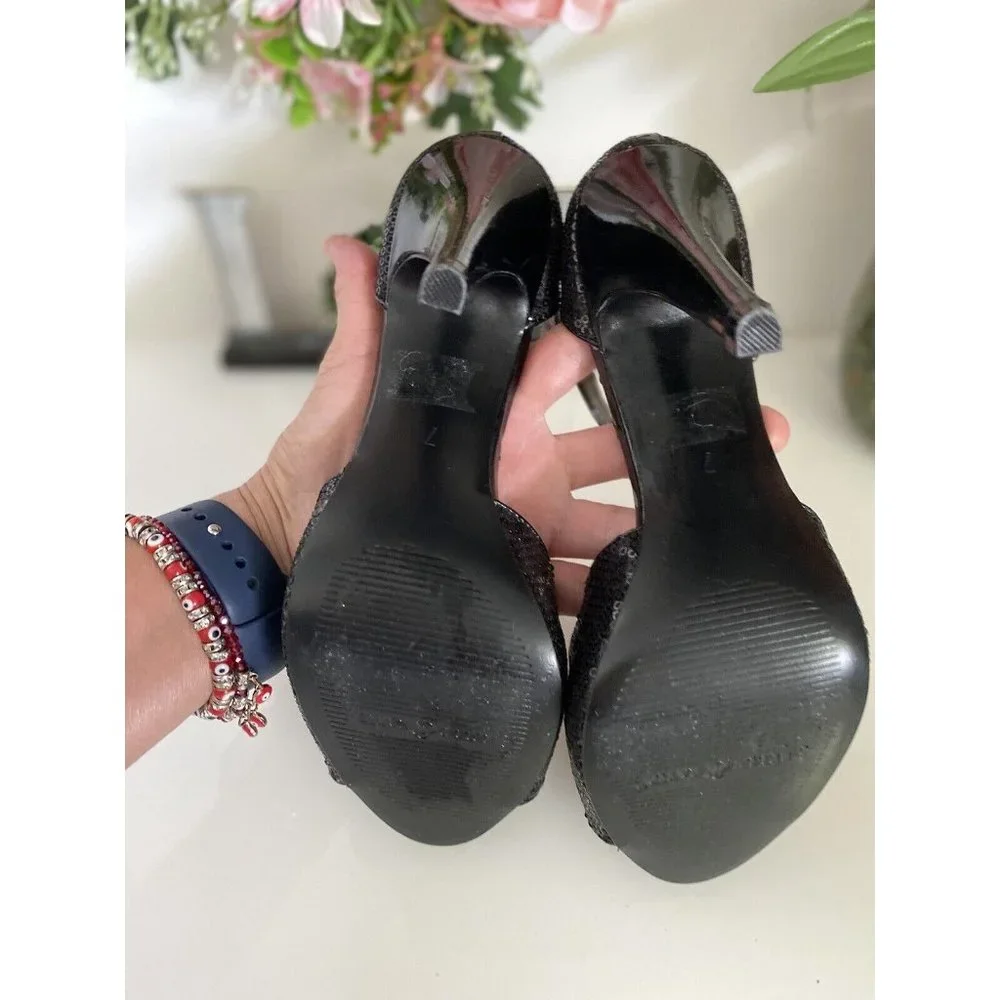 Kelly & Katie Slingback Black Hidden Platform Peep Toe Pumps Sequins‎ Size 7 Vtg
